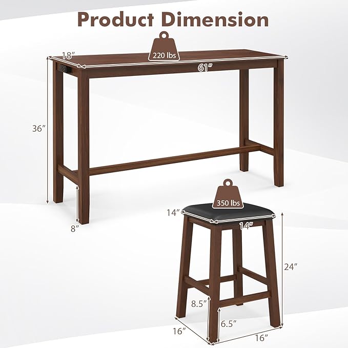 Giantex Dining Table Set, Kitchen Table Set, 4-Piece Counter Height Dining Set with 3 Upholstered Stools, Power Socket, Bar Table and Chairs Set for Small Space, Living Room, Dining Room Table Set