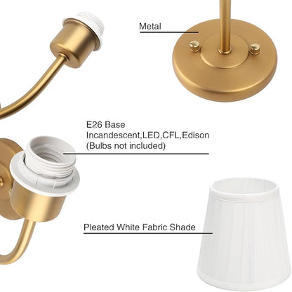 PERMO Vintage Wall Sconce Double Gold wall sconces with Pleated White Stripe Fabric Shades Retro 2 Lights Wall Sconce Hardwired for Living Room Bedroom Hallway