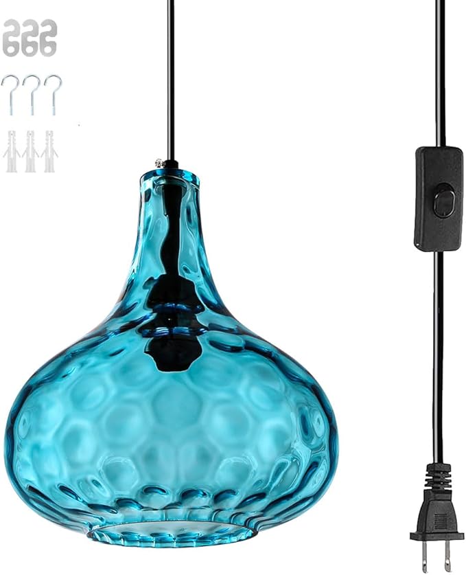 Mid-Century Modern Plug in Pendant Light Fixture,Blue Glass Pendant Lamp with 14.7 ft Cord Hammered Glass Globe Shade,Black Plug in Hanging Light for Bedroom Dining Living Room
