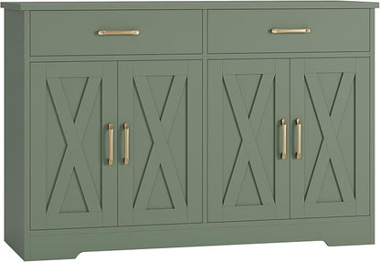HOSTACK Buffet Cabinet with Storage, 47.2" Kitchen Sideboard Buffet with Drawers, Modern Farmhouse Coffee Bar Station with Shelves, Barn Doors Storage Cabinet for Living Room, Green