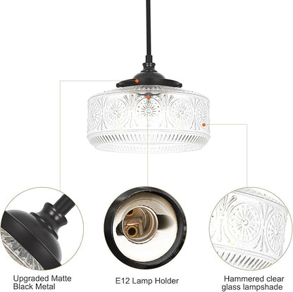 Modern 3 Lights Drum Pendant Light with Etched Glass Shade, Adjustable Height Black Pendant Lights Kitchen Island, Chandelier for Dining Room, Bedroom, Hallway, Bathroom, E12 Base, Bulbs Not Included