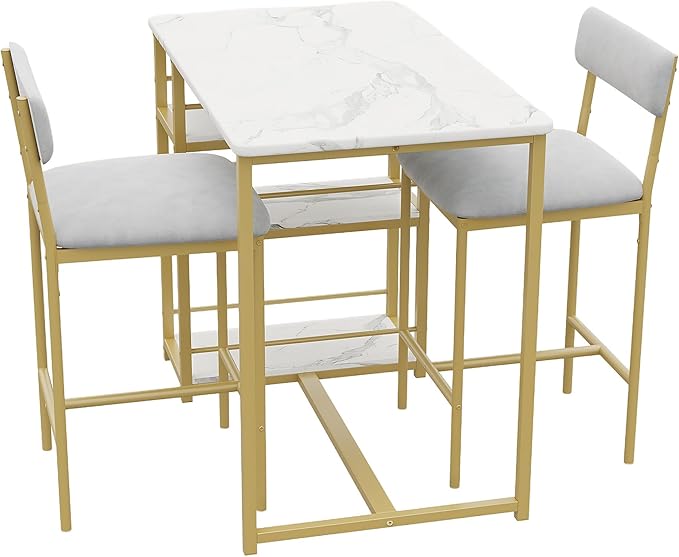 Takywep 3 Piece Dining Table Set for 2 with 3 Large Storage Shelves, Kitchen Table and Chairs for 2 with Pu Cushion Chairs & Thick Wood Top, Dining Table Set for Small Space, Apartment, Gold