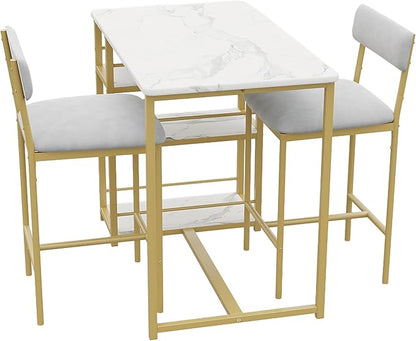 Takywep 3 Piece Dining Table Set for 2 with 3 Large Storage Shelves, Kitchen Table and Chairs for 2 with Pu Cushion Chairs & Thick Wood Top, Dining Table Set for Small Space, Apartment, Gold