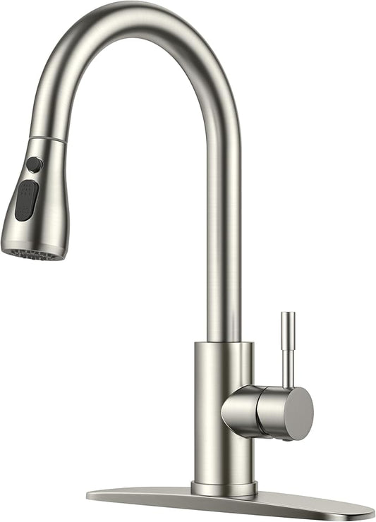 FORIOUS Kitchen Faucets with Pull Down Sprayer, Brushed Nickel High Arc Single Handle Stainless Steel Bar Sink Faucet with Deck Plate for 1 or 3 Hole, Suitable for Farmhouse RV Camper Laundry