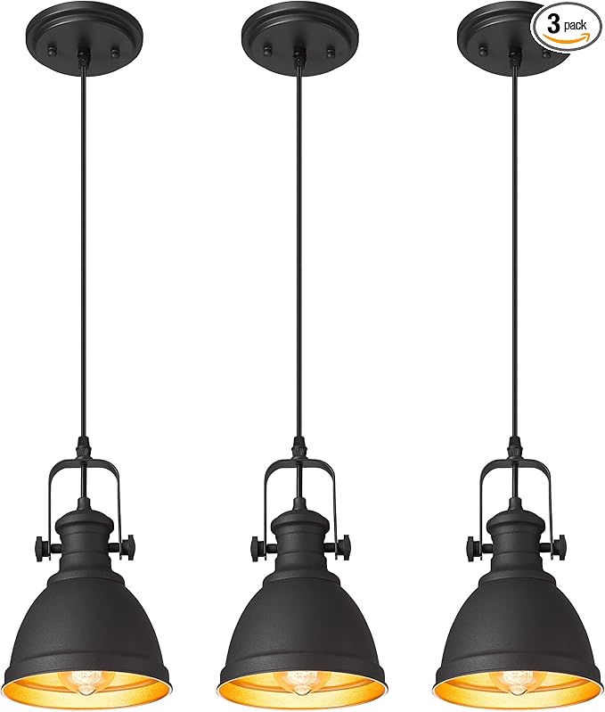 Pendant Lights, Minimalist Pendant Lighting for Kitchen Island, Hanging Light Fixtures with Black Metal, 3-Pack, AD-2151-1P3