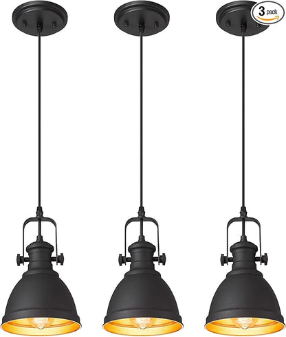 Pendant Lights, Minimalist Pendant Lighting for Kitchen Island, Hanging Light Fixtures with Black Metal, 3-Pack, AD-2151-1P3