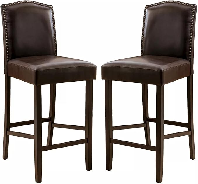 GOWE Barstools Set of 2, Upholstered Bar Stools for Kitchen Island, Dark Brown Rubberwood Legs PU Faux Leather Seating 300LBS Weight Capacity