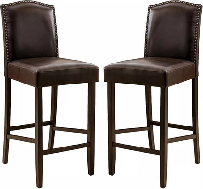 GOWE Barstools Set of 2, Upholstered Bar Stools for Kitchen Island, Dark Brown Rubberwood Legs PU Faux Leather Seating 300LBS Weight Capacity