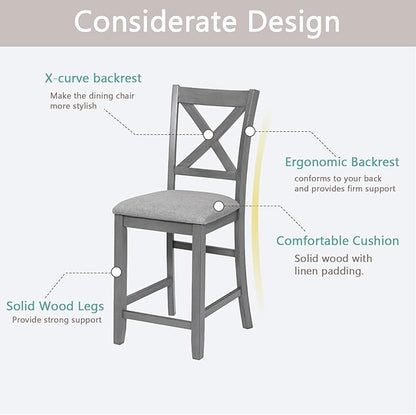 Set of 4 Dining Chairs, Wooden Kitchen Chairs with Padded Cushion, Upholstered Stools for Kitchen Island, Dining Room, Living Room, Easy Assembly (Gray - X-Shaped backrest)