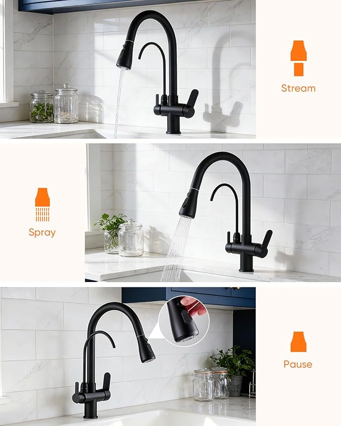 WANFAN Kitchen Sink Faucet with Pull Down Sprayer 2 Handle 3 in 1 Water Filter Purifier Faucets Black 0195R