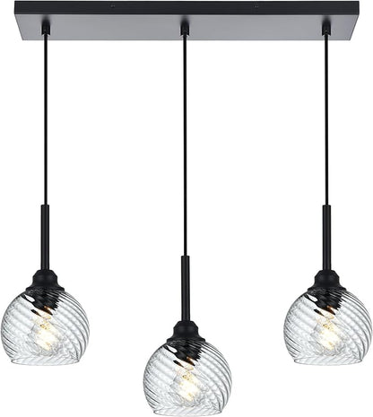 3 Light Linear Island Lights with Striped Swirl Globe Glass, Black Kitchen Hanging Pendant Light Fixture Farmhouse Chandelier for Dining Room Bar Living Room