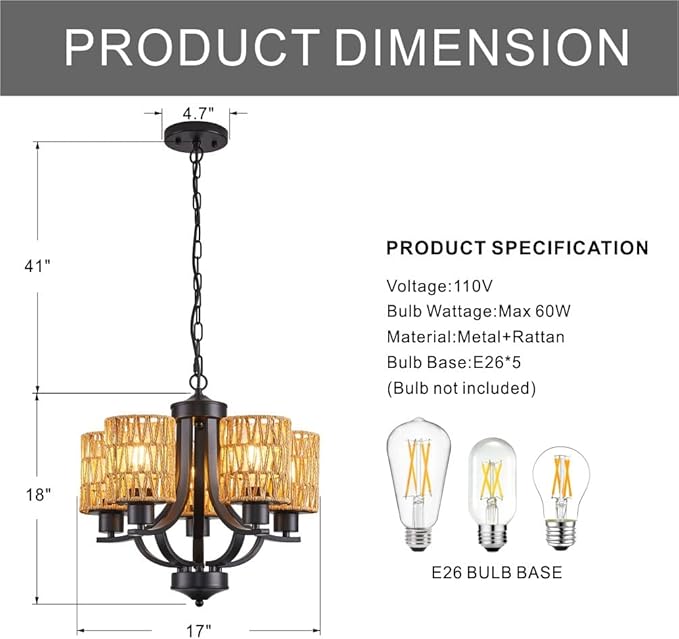 5-Light Dining Room Chandelier,Modern Small Rattan Chandeliers Black Rustic Metal Farmhouse High Ceiling Pendant Light Fixtures for Living Room,Kitchen,Foyer,Bedroom