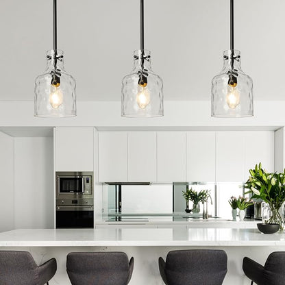 WILON Industrial Glass Pendant Lights for Kitchen Island, Modern Black Pandent Light Fixture 7" Hammered Glass Shade Farmhouse Pendant Lights Adjustable Rod Hanging Light for Kitchen Sink Dining Room