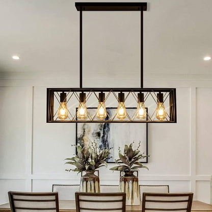 Farmhouse Chandelier for Dining Room Kitchen Island Pendant Lighting 6-Light Black Metal Industrial Bar Chandelier Vintage Hanging Rectangle Linear Light Fixtures