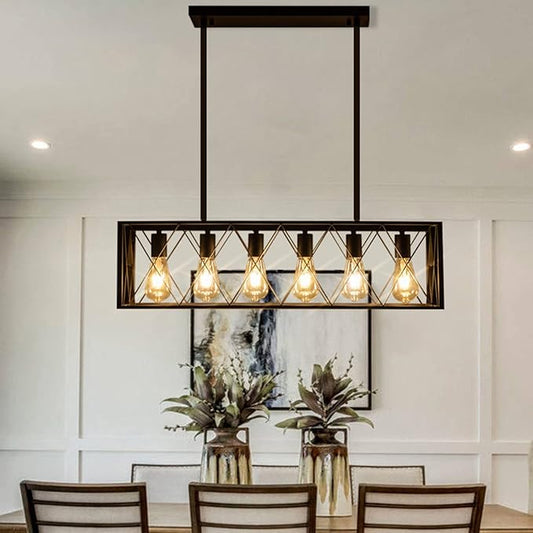 Farmhouse Chandelier for Dining Room Kitchen Island Pendant Lighting 6-Light Black Metal Industrial Bar Chandelier Vintage Hanging Rectangle Linear Light Fixtures