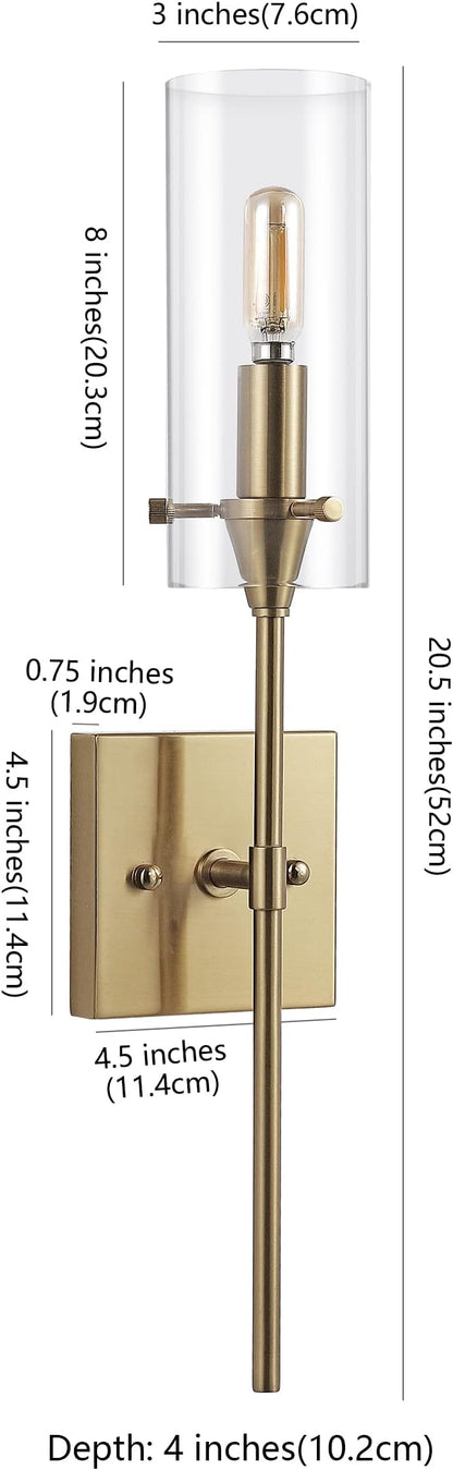 JONATHAN Y 20.5" Brass Gold/Clear 1-Light Modern Farmhouse LED Vanity Light Sconce, Clear Glass Cylinder Shade, Wall Lamp for Bathroom Mirror Hallway Entryway, LED Bulb Included (JYL7805C)