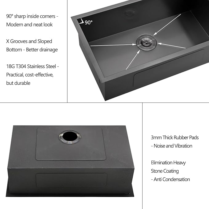32 Undermount Black Kitchen Sink, Luckyhorse 32" x 17" x 9" 18 Gauge Gunmetal Black Stainless Steel Undermount Single Bowl Kitchen Sink LH024SQ