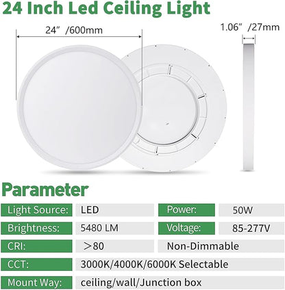2 Pack 24 Inch Large LED Flush Mount Ceiling Light, 50W,5480LM, 3000K/4000K/6000K CCT Selectable,Black Round Flat Panel Low Profile Ceiling Light Fixtures for Hallway, Kitchen, Bedroom, Laundry Room
