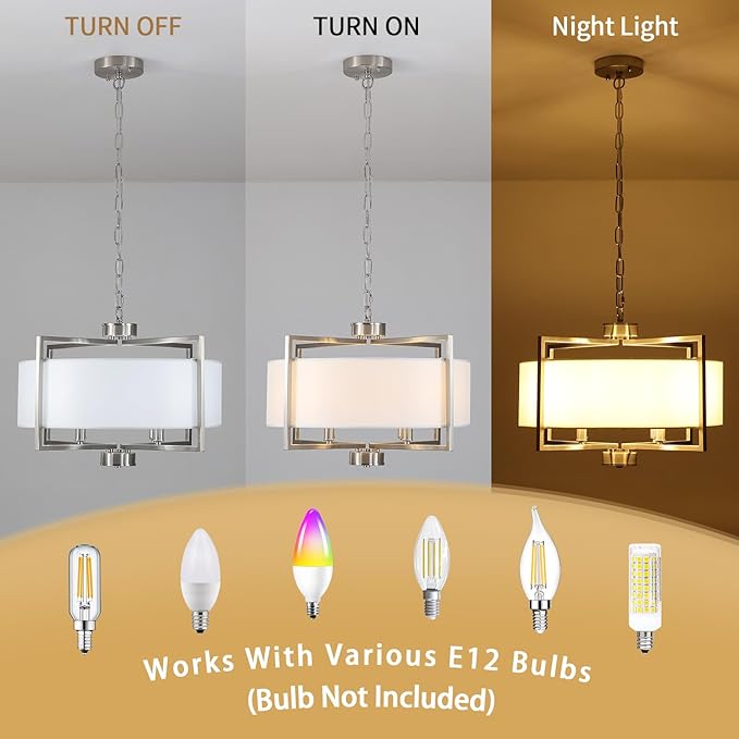 19.7'' Drum Chandeliers for Dining Room, 4-Light Brushed Nickel Rustic Kitchen Island Pendant Lighting with Wihte Fabric Lampshade, Adjustable Hanging Light Fixture for Foyer Bedroom Living Room
