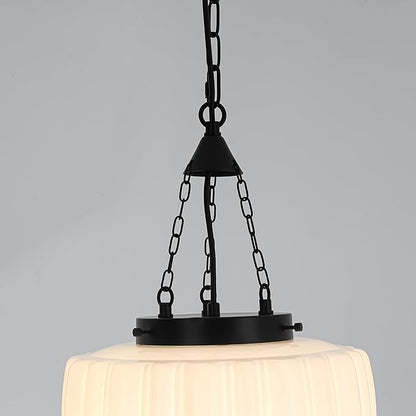 FCTWAKS Milk Glass Pendant Light, 12" Mid Century Modern Schoolhouse Ceiling Light Fixtures, Black Finish with Frosted Glass, Vintage Chandelier for Kitchen Island Dining Room, Bulb Included