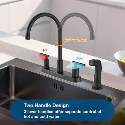 Kitchen Faucets, High Arc 360°Rotating Spout Kitchen Sink Faucet, 2 Handle 8 Inch Centerset RV Kitchen Faucet with Supply Lines, 3 or 4 Hole Kitchen Faucet with Side Sprayer, Matte Black