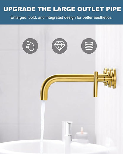 Wall Mount Bathroom Faucet - WOWOW Brushed Gold Bathroom Sink Faucet - 2 Handle Wall Mount Vessel Sink Faucet 3 Holes Elegant Classic Spout Rough in Brass Valve Included