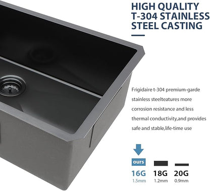 Lordear 32 Black Kitchen Sink Undermount 32x19x10 Inch Gunmetal Black 16 Gauge Stainless Steel Single Under Counter Rectangular Handmade Sinks Basin
