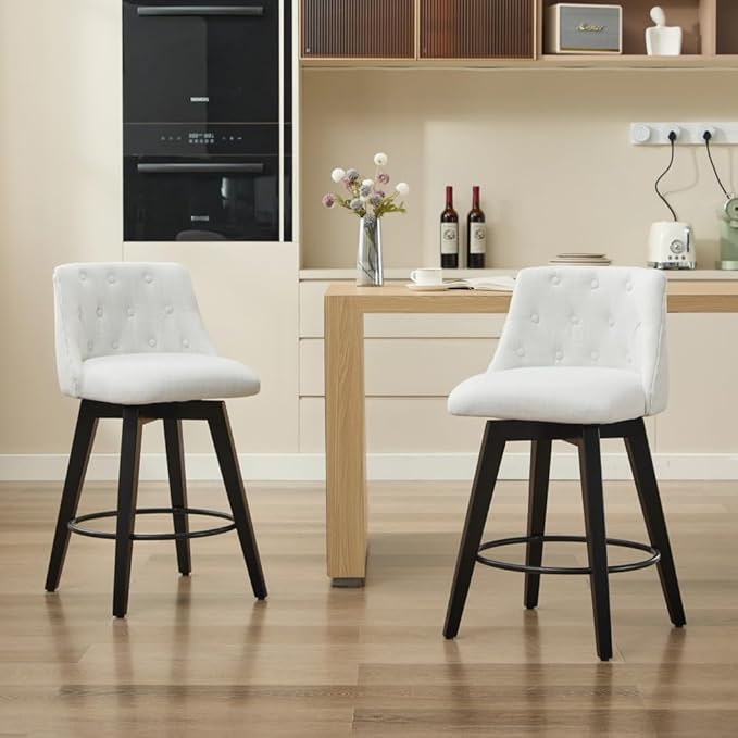 Swivel Counter Chairs, Modern Linen Fabric with Button-Tufted Backrest, Stylish Bar Stools, Set of 2 for Bar, Kitchen Island, Dining Room, White (White + Linen + Foam)