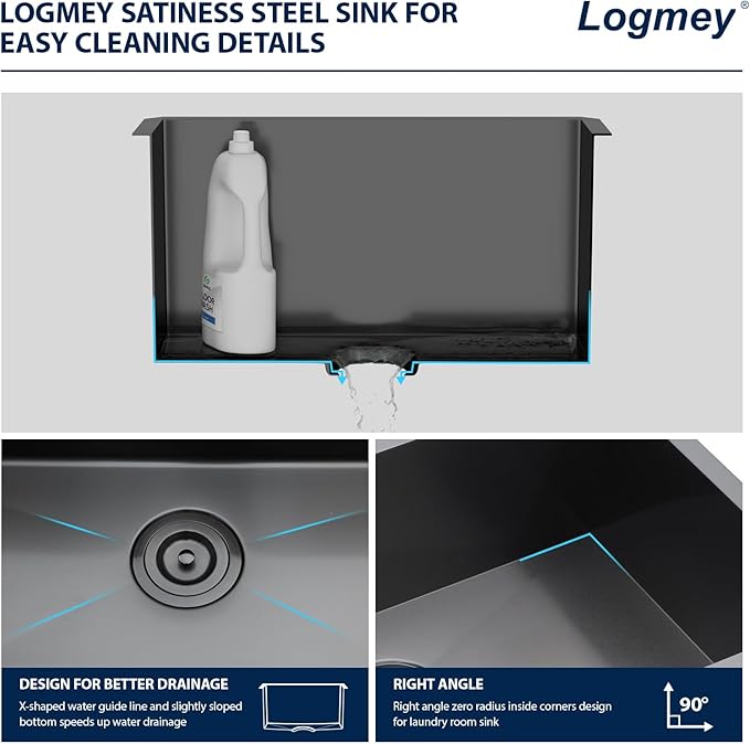 Logmey 23x18 Black Undermount Laundry Sink 23 Inch Laundry Room 12" Deep Sinks Handmade 16 Gauge Heavy Duty Stainless Steel Large Capacity Utility Washing Tub for Home & Commercial Use