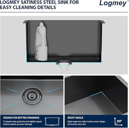 Logmey 23x18 Black Undermount Laundry Sink 23 Inch Laundry Room 12" Deep Sinks Handmade 16 Gauge Heavy Duty Stainless Steel Large Capacity Utility Washing Tub for Home & Commercial Use