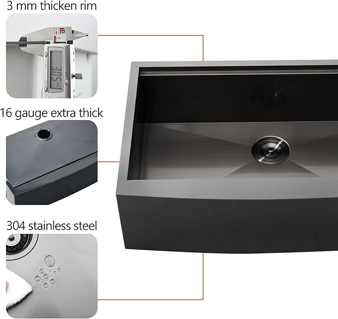 HOTIS 33 Inch Black Farmhouse Sink, Undermount Gunmetal Black Workstation Apron Front Kitchen Sink, 33 x 22 Stainless Steel Farm Sink 16 Gauge 9 Deep Single Bowl Kitchen Sink with Cutting Board