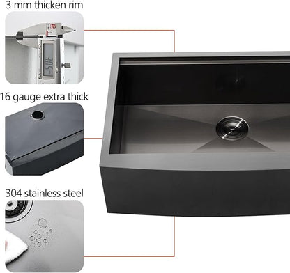 HOTIS 33 Inch Black Farmhouse Sink, Undermount Gunmetal Black Workstation Apron Front Kitchen Sink, 33 x 22 Stainless Steel Farm Sink 16 Gauge 9 Deep Single Bowl Kitchen Sink with Cutting Board