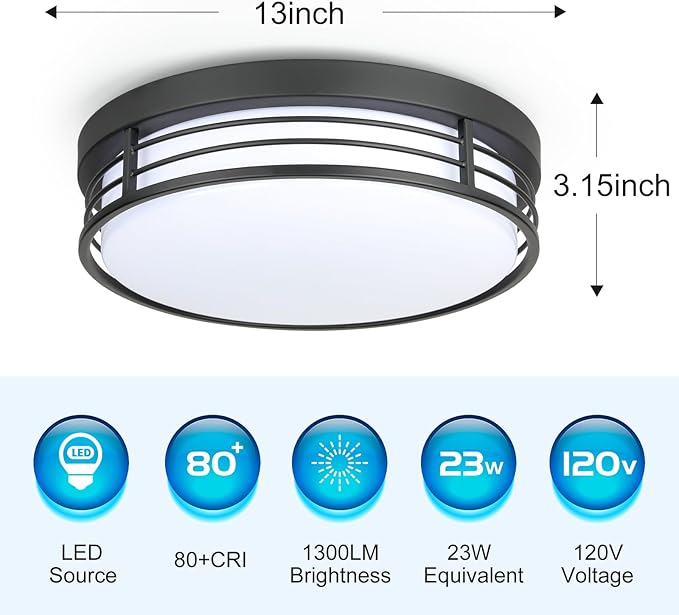 WISBEAM 13 Inch LED Ceiling Lighting Fixture, 23W Black Flush Mount Ceiling Light with 5CCT(2700K/3000K/3500K/4000K/5000K), Dimmable LED Light Ceiling Mount for Kitchen Bathroom Hallway, 2 Packs