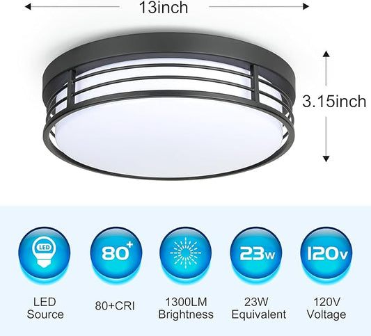 WISBEAM 13 Inch LED Ceiling Lighting Fixture, 23W Black Flush Mount Ceiling Light with 5CCT(2700K/3000K/3500K/4000K/5000K), Dimmable LED Light Ceiling Mount for Kitchen Bathroom Hallway, 2 Packs