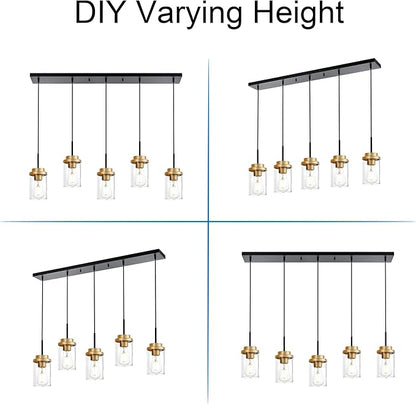 MELUCEE 5-Lights Adjustable Hanging Pendant Light Fixtures 37 Inches in Black, Modern Kitchen Island Lighting Linear Chandelier for Dining Room Over Table with Clear Glass Shade, Gold Socket