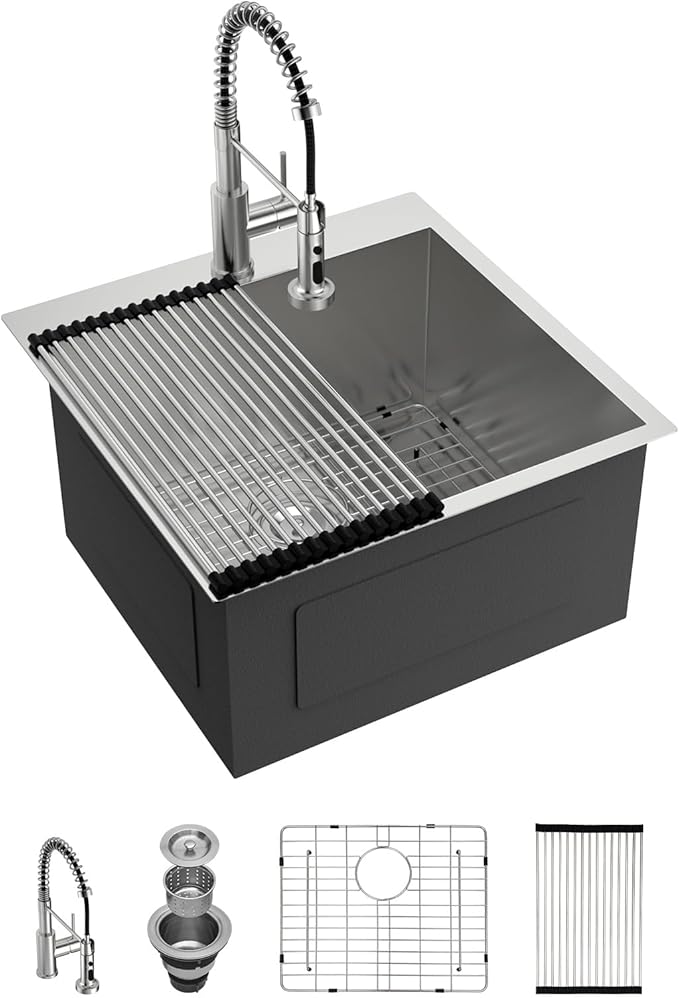 Lordear Drop In Laundry Sink with Faucet 22"x22"x12" Topmount Utility Sink 16 Gauge Stainless Steel Single Bowl for Laundry Room