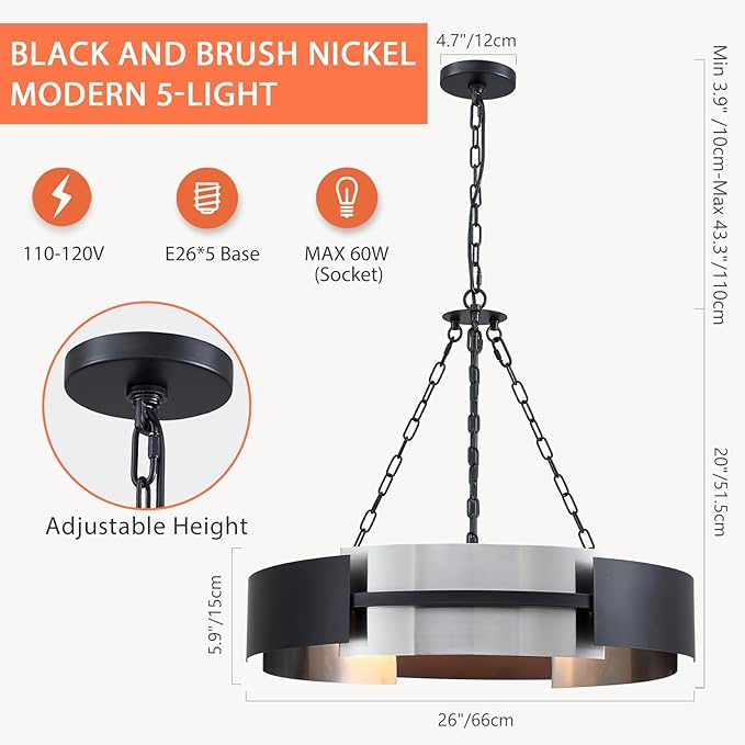 Modern Chandelier 26" Industrial Light Fixture Black and Brushed Nickel 5-Light Large Drum Pendant Lighting for Dining Room Kitchen Island Office Living Room