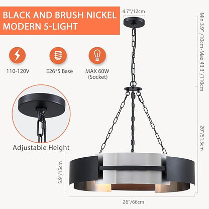 Modern Chandelier 26" Industrial Light Fixture Black and Brushed Nickel 5-Light Large Drum Pendant Lighting for Dining Room Kitchen Island Office Living Room