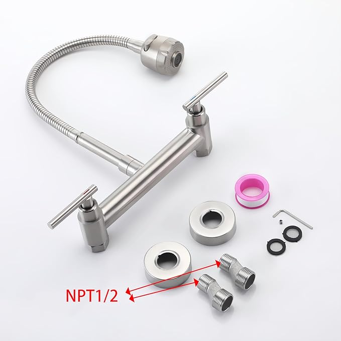 Wall Mount Faucet with Sprayer 8 Inch Center, Kitchen Sink Faucet with Dual Handle, Stainless Steel Constructed Sink Mixer Tap, Laundry Utility Faucets