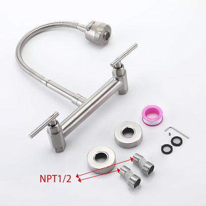 Wall Mount Faucet with Sprayer 8 Inch Center, Kitchen Sink Faucet with Dual Handle, Stainless Steel Constructed Sink Mixer Tap, Laundry Utility Faucets