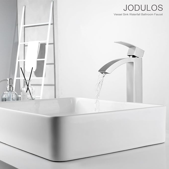 Vessel Sink Faucet Brushed Nickel, Single Handle Waterfall Tall Bathroom Sink Faucet Single Hole with cUPC Supply Hose and Pop Up Drain JU-BS101-BN