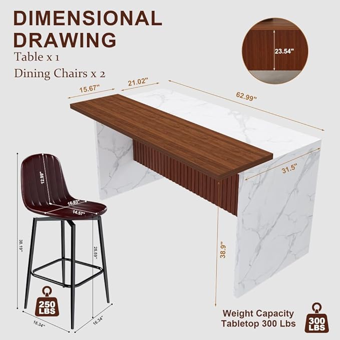 63 Inch Kitchen Island with 4 Deep Brown Bar Stools – White Marble Countertop, Integrated LED Lighting & Grille Design, Multi-Functional Breakfast Bar for Dining Rooms, (White+2dark Brown)