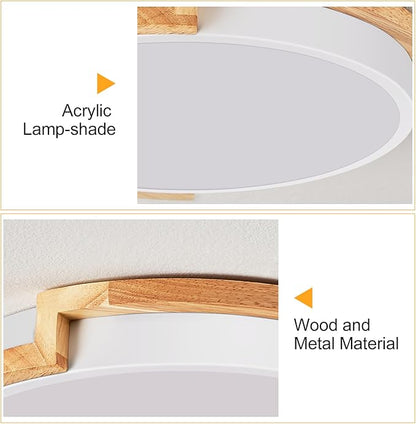 Modern LED Close to Ceiling Light, Round Shape Flush Mount Ceiling Lighting Fixture, Matte White with Wood Accent, Minimalist Kitchen Light Fixtures for Bedroom, Entryway, Laundry Room, 11.8in