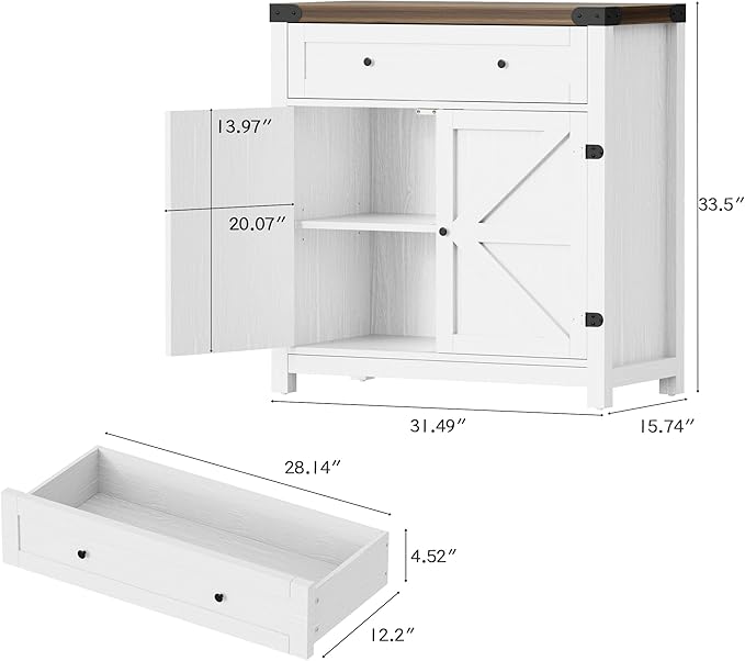 Flamaker Sideboard Buffet Cabinet with Storage, Farmhouse Coffee Bar Cabinet with 1 Drawer and 2 Barn Doors, Barn Door Console Table, Storage Cabinet for Kitchen, Dining Room, Entryway (White)