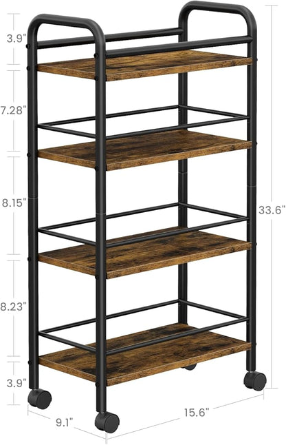 Asgolion Slim Storage Cart, 4-Tier Small Rolling Cart with Wheels, 9.1" Deep, Narrow Bathroom Shelf Trolley for Kitchen, Bathroom, Laundry Room, Rustic Brown Large 4-Tier (9.1" W x 33.6" H)