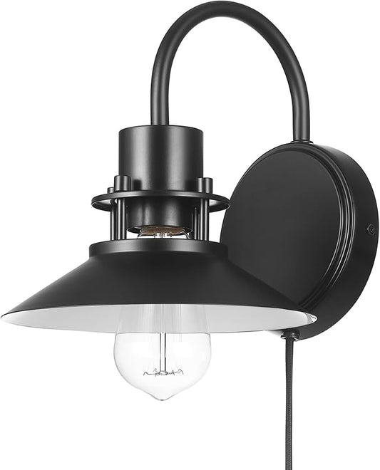 Globe Electric Wren 1-Light Plug-in or Hardwire Wall Sconce, Matte Black, 6ft Black Braided Fabric Designer Cord, in-Line On/Off Rocker Switch, Bulb Not Included