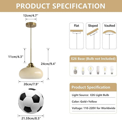 KCO Lighting Modern Globe Ceiling Light Brass Dome Pendant Light Yellow Glass Pendant Light Brushed Gold Pendant Lighting Adjustable Hanging Ceiling Light for Dining Room