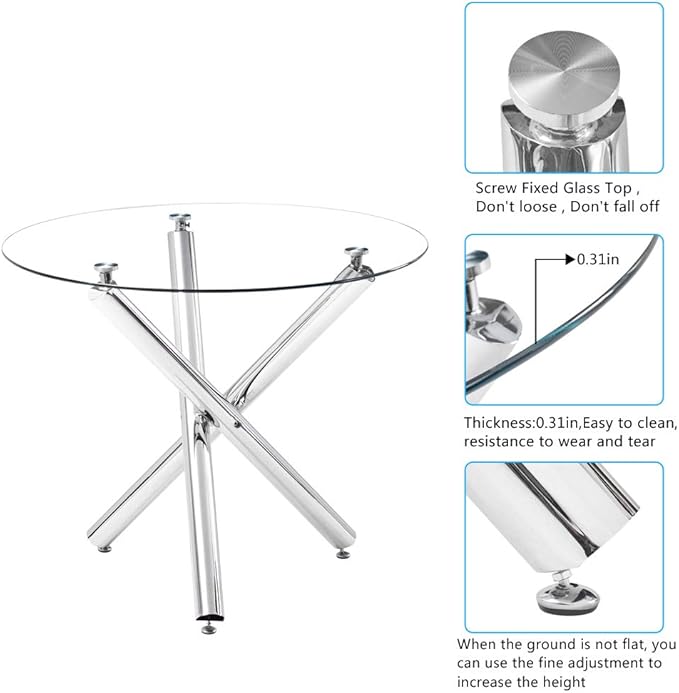 Round Glass Dining Table 35.4'' Inch Modern Round Kitchen Table with Metal Legs Durable Stylish Dinner Table for Dining Room Kitchen