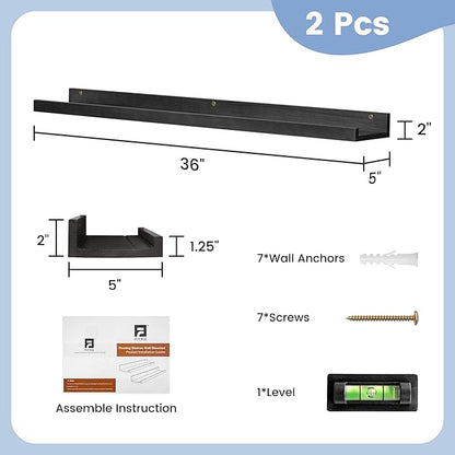 FLYJOE Picture Ledge Shelf Wall, 36 inch Solid Ash Wood Nursery Book Shelves 2 Packs, Floating Ledge Shelves for Kids' Room Bedroom Bathroom Living Room Photo Frames Office Nursey Wall Decor, Black