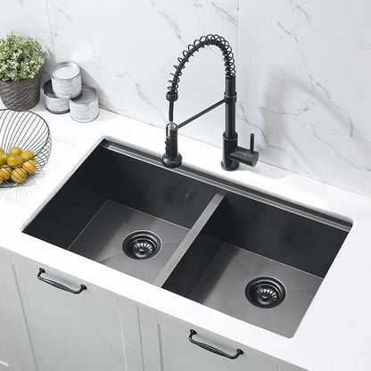 33 Inch Black Double Bowl Undermount Kitchen Sink Workstation-Bokaiya 33x19 Kitchen Sink Undermount 50/50 Double Bowl Sink 16 Gauge Black Stainless Steel Double Basin with Cutting Board